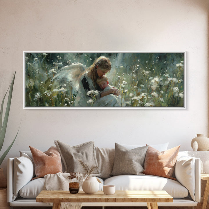 Blonde Guardian Angel With Baby Wall Art, Serene Wildflower Meadow Canvas Print, Christian Nursery Decor, Gift For Her, Home Decor