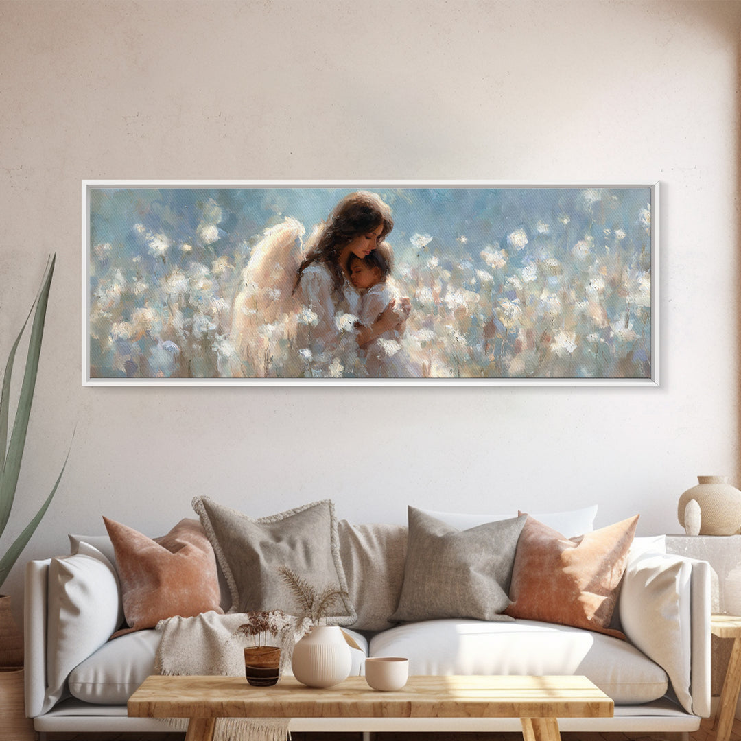 Angel Mother And Child In White Flowers Canvas Print, Dreamy Nursery Wall Art, Christian Home Decor, Gift For Mom, Fine Art