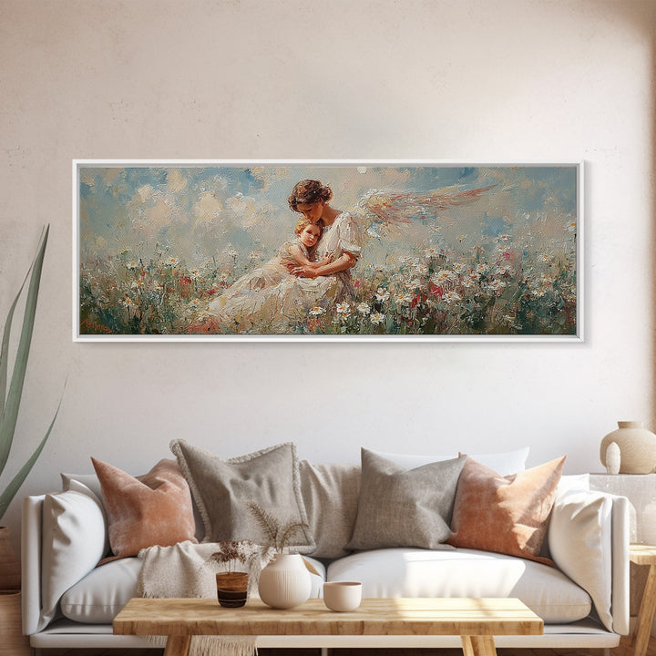 Mother Angel Holding Baby In Wildflowers Wall Art, Soft Pastel Canvas Print, Christian Nursery Decor, Gift For Mom, Home Decor