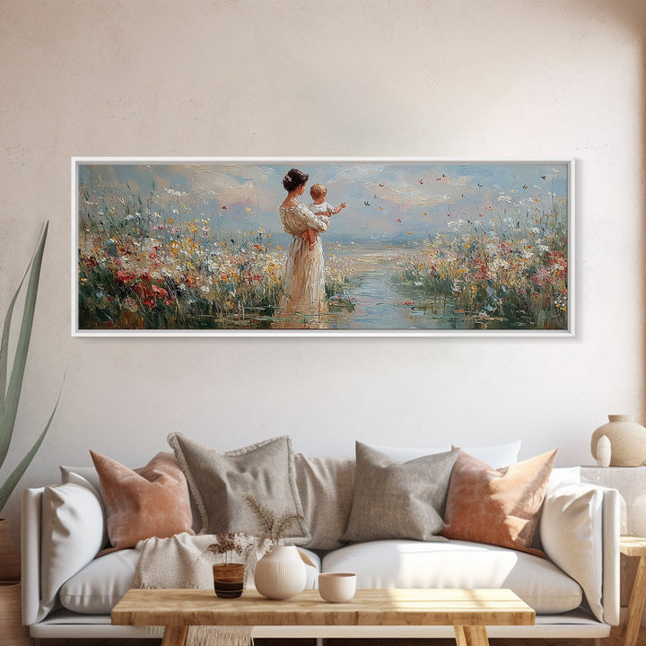 Mother Holding Baby By The Sea Wall Art, Wildflower Coastal Landscape Canvas Print, Nursery Decor, Gift For Mom, Fine Art