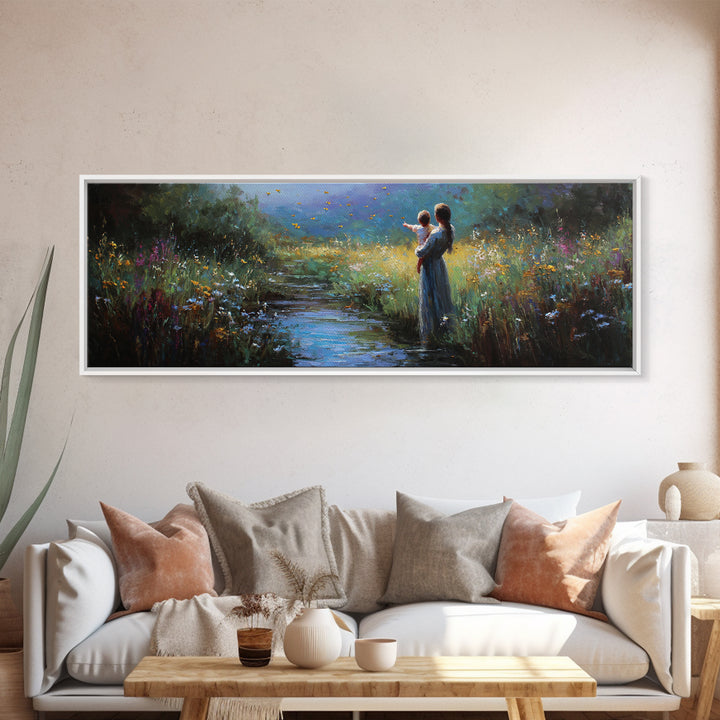 Mother And Child Beside Moonlit Stream Wall Art, Firefly Meadow Canvas Print, Spiritual Nursery Decor, Gift For Mom, Home Decor