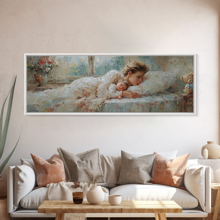 Sleeping Mother And Baby In Soft Light Wall Art, Tender Nursery Decor, Bedroom Canvas, Gift For Mom, Motherhood Art Print