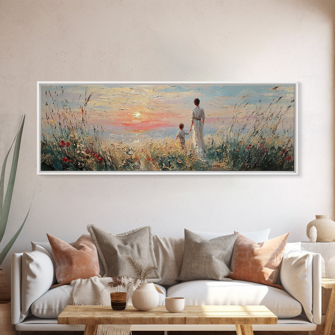 Mother And Child By Sunset Sea Canvas Print, Coastal Wall Art, Living Room Decor, Gift For Mom, Serene Beach Home Decor Prints