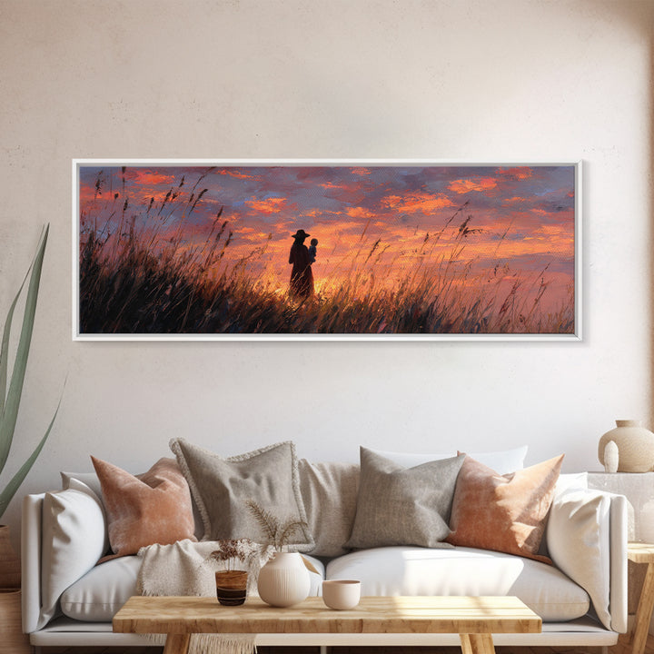 Silhouette Mother Holding Baby At Fiery Sunset Wall Art, Moody Landscape Painting, Gift For Her, Warm Bedroom Decor Canvas Print