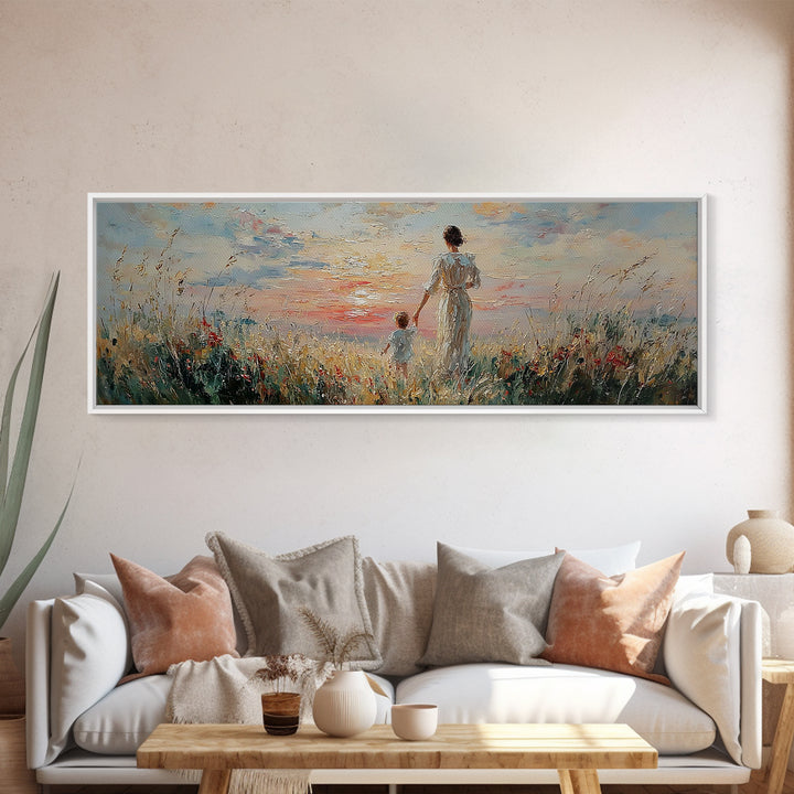 Mother And Child Walking Through Coastal Flowers Framed Canvas Print, Beach House Decor, Living Room Wall Art, Gift For Mom