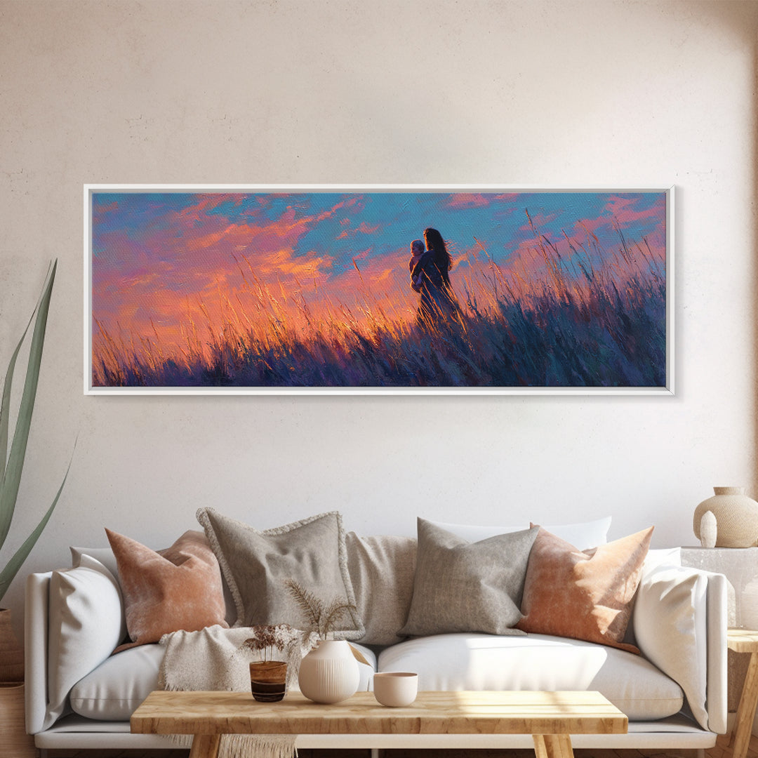 Mother Holding Baby In Purple Sunset Meadow Canvas Print, Romantic Wall Art, Moody Bedroom Decor, Gift For Her, Nursery Art