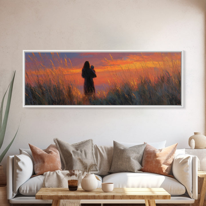 Mother And Baby Silhouette In Golden Field Wall Art, Sunset Landscape Painting, Warm Home Decor, Gift For Mom, Canvas Print