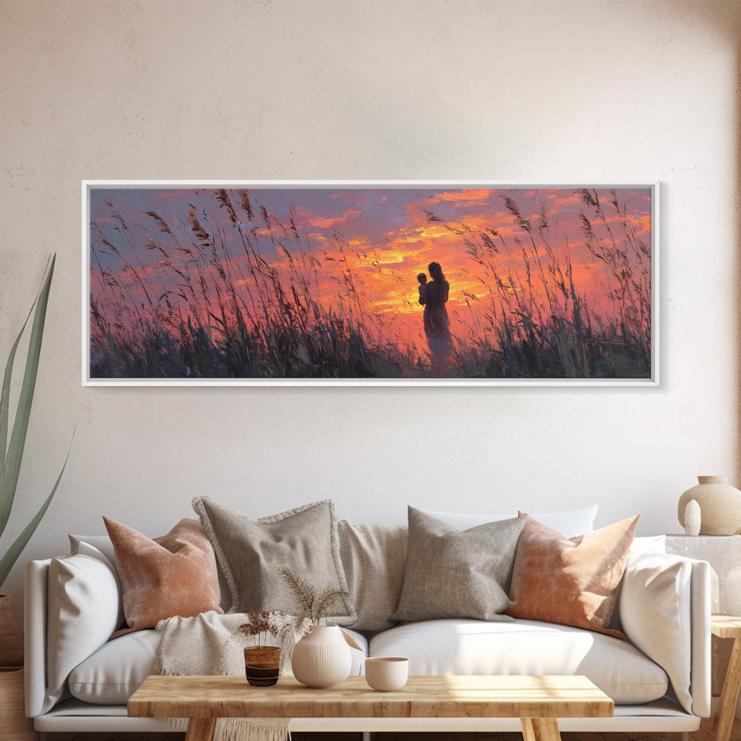 Mother Holding Baby At Rose Sunset Framed Canvas Print, Romantic Nursery Wall Art, Calming Bedroom Decor, Gift For Her And Mom