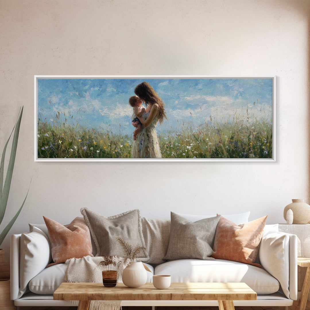 Mother Holding Baby In Wildflower Meadow Wall Art, Impressionist Floral Nursery Decor, Mothers Day Gift, Serene Living Room Print