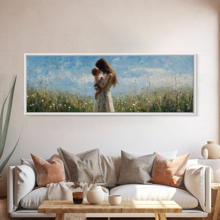 Mother Holding Baby In Wildflower Meadow Wall Art, Impressionist Floral Nursery Decor, Mothers Day Gift, Serene Living Room Print