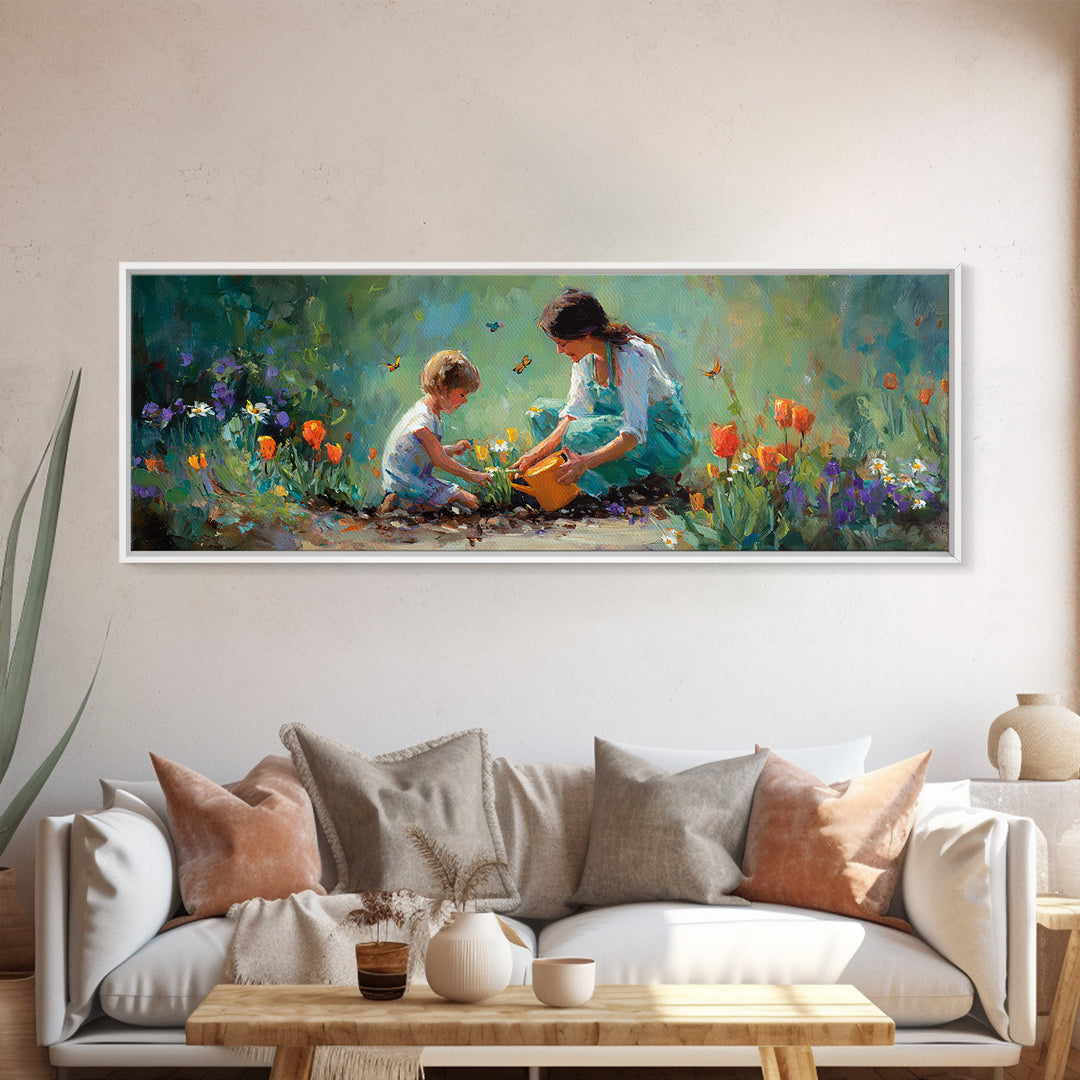 Mother And Child Planting Tulips Canvas Print, Whimsical Garden Wall Art, Floral Nursery Decor, Gift For Mom Cozy Home Decor