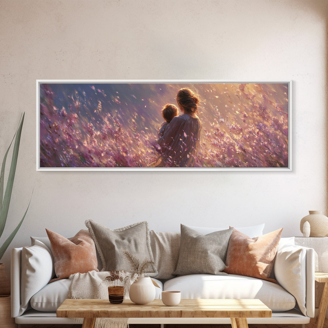 Mother Holding Child In Purple Wildflower Meadow Framed Canvas Print, Romantic Floral Wall Art, Nursery Decor, Gift For Mom
