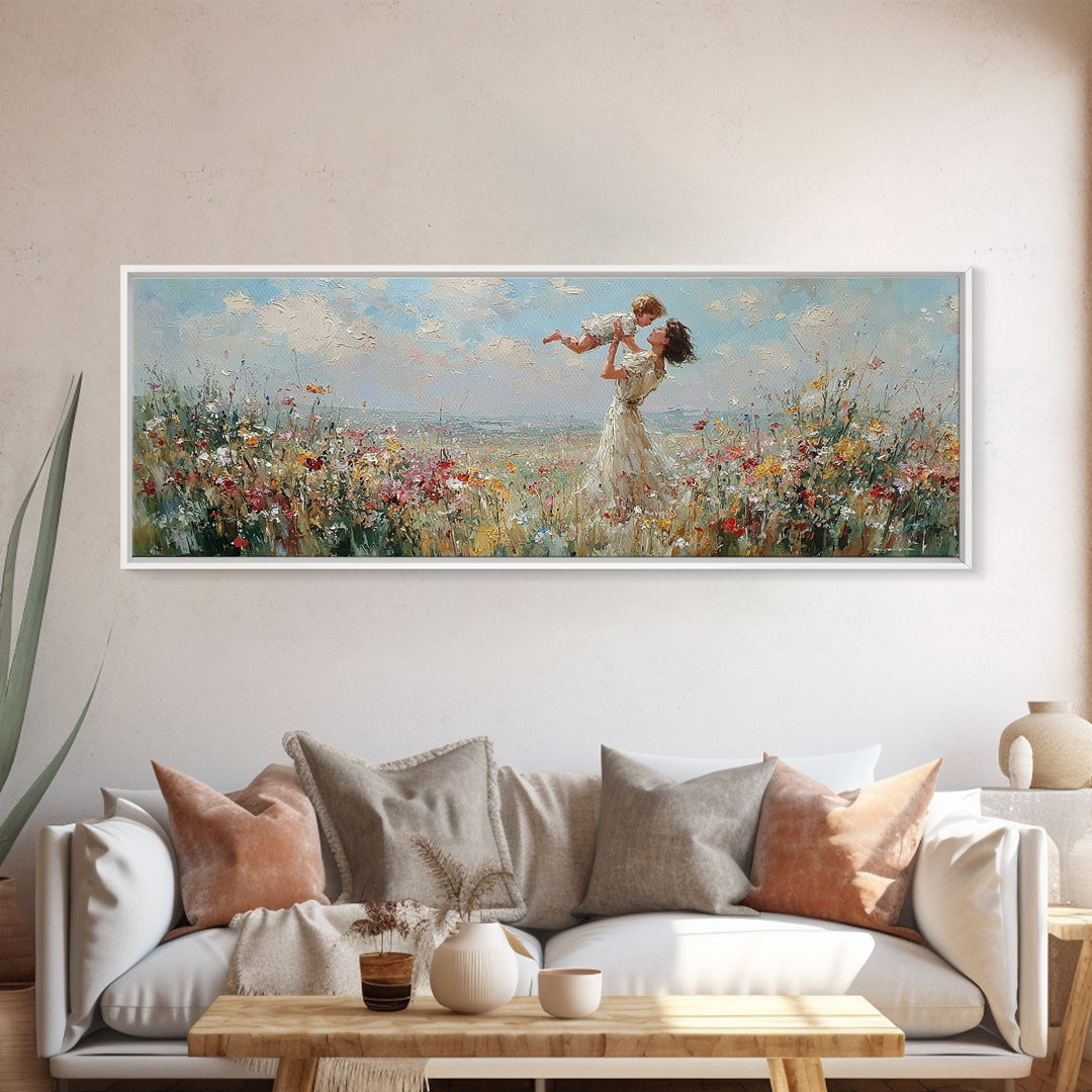 Mother Lifting Baby By Seaside Wildflowers Wall Art, Impressionist Coastal Canvas Print, Nursery Decor, Mothers Day Gift