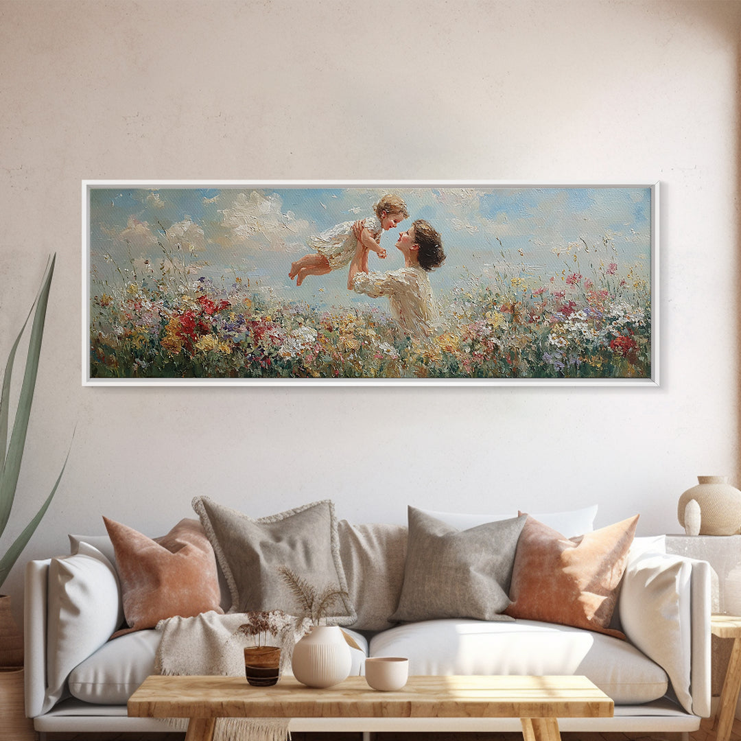Mother Tossing Baby Above Wildflower Meadow Framed Canvas Print, Joyful Floral Wall Art, Nursery Decor, Mothers Day Gift