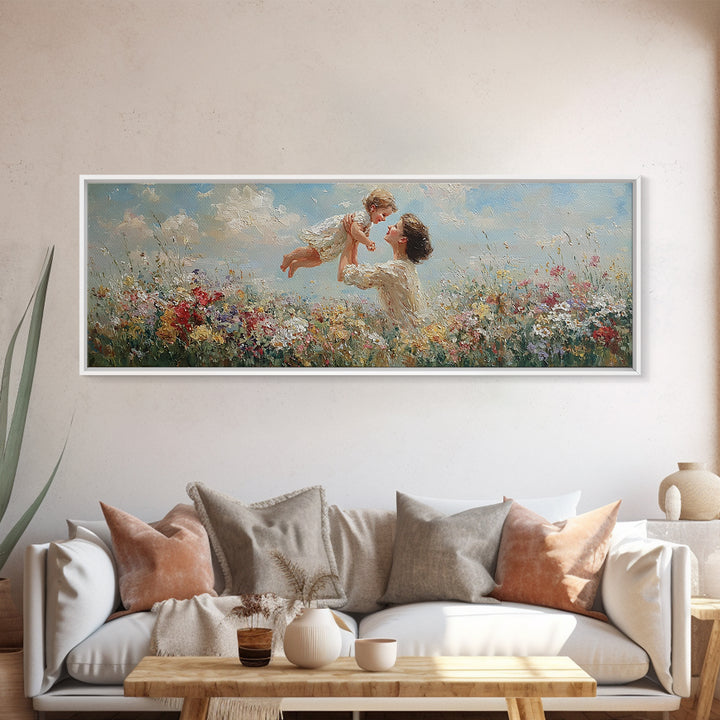 Mother Tossing Baby Above Wildflower Meadow Framed Canvas Print, Joyful Floral Wall Art, Nursery Decor, Mothers Day Gift