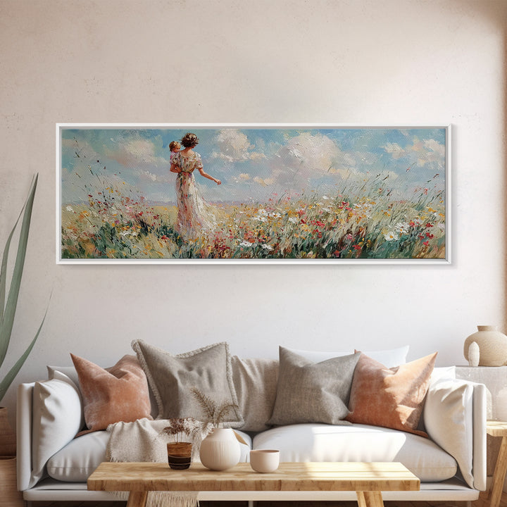 Mother Carrying Baby Through Wildflower Meadow Wall Art, Impressionist Landscape Canvas Print, Nursery Decor, Gift For Mom