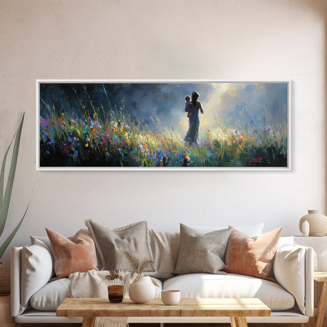 Mother And Child Silhouette In Moonlit Wildflower Meadow Canvas Print, Moody Wall Art, Nursery Decor, Gift For Mom Home Decor