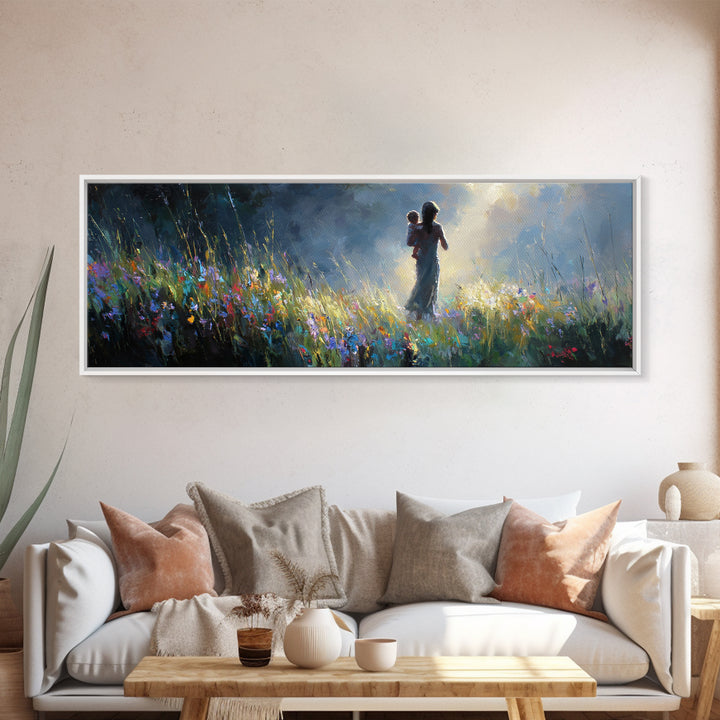 Mother And Child Silhouette In Moonlit Wildflower Meadow Canvas Print, Moody Wall Art, Nursery Decor, Gift For Mom Home Decor