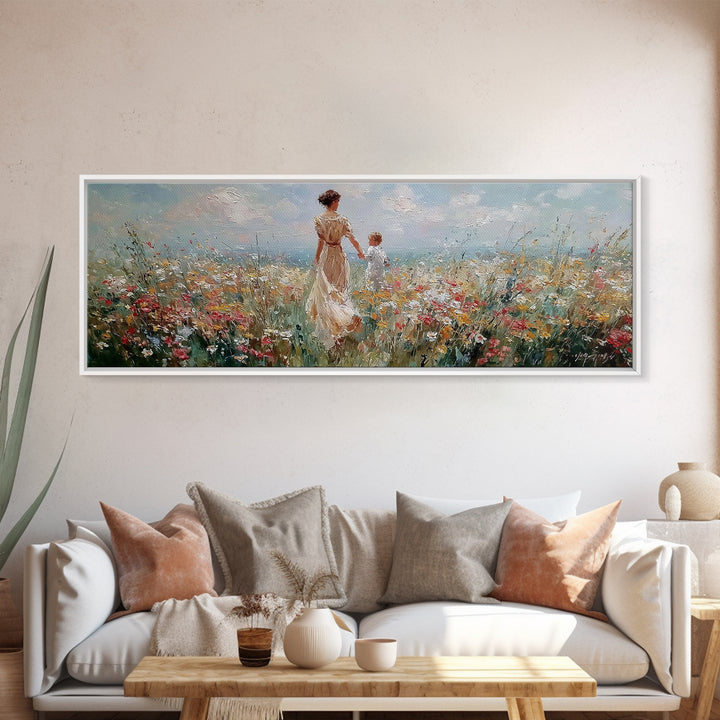 Mother And Child Holding Hands In Coastal Wildflower Meadow Wall Art, Impressionist Canvas Print, Nursery Decor, Gift For Mom
