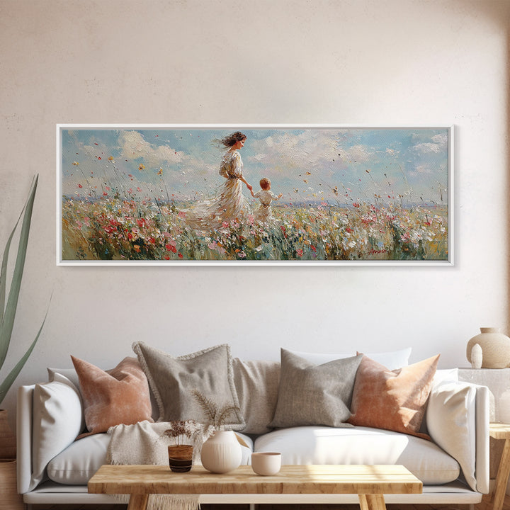 Mother And Child Walking Through Wildflowers Wall Art, Impressionist Meadow Canvas Print, Nursery Decor Gift For Mom And Her