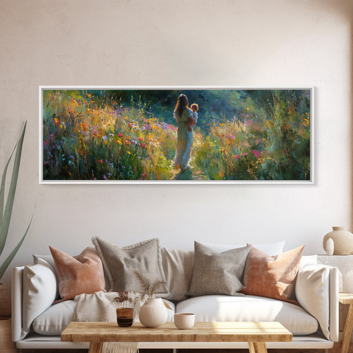 Mother And Baby In Sunlit Wildflower Path Wall Art, Impressionist Landscape Canvas Print, Nursery Decor Gift For Mom And Her