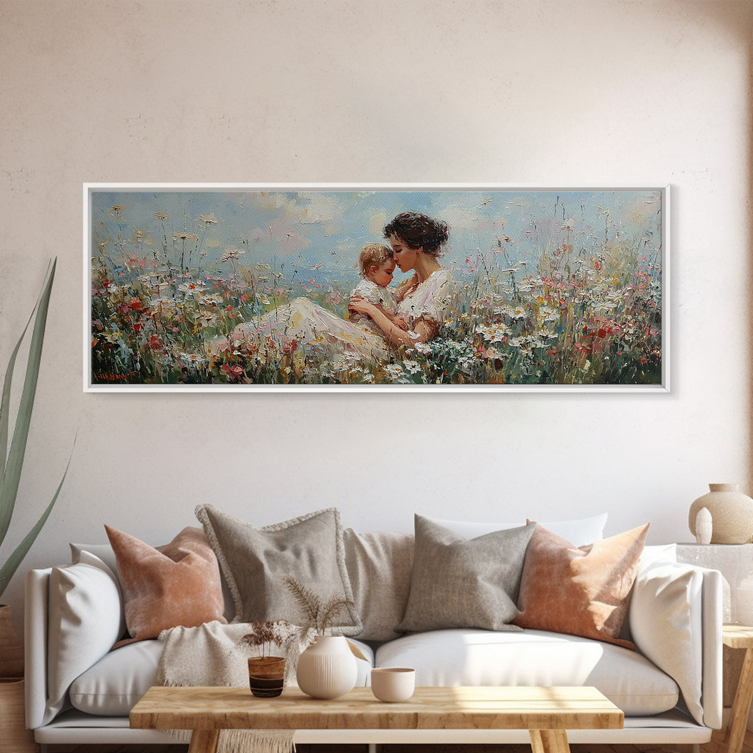 Seated Mother Cuddling Baby Among Wildflowers Wall Art, Impressionist Floral Canvas Print, Nursery Decor Gift For Mom And Her