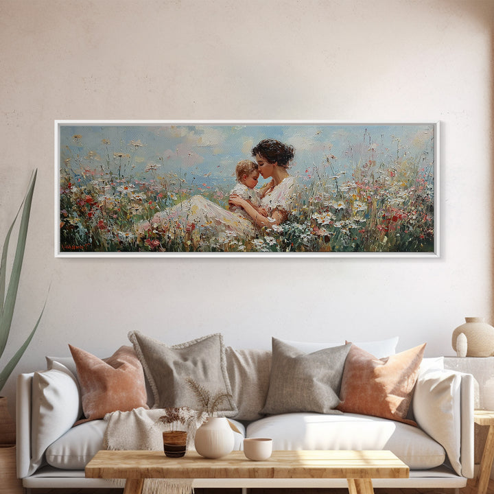 Seated Mother Cuddling Baby Among Wildflowers Wall Art, Impressionist Floral Canvas Print, Nursery Decor Gift For Mom And Her