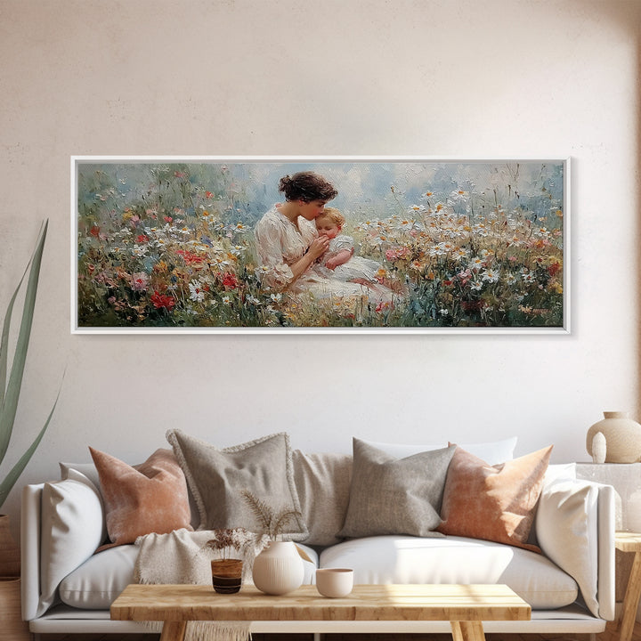 Tender Mother Kissing Baby In Floral Meadow Wall Art, Impressionist Framed Canvas Print, Nursery Decor Gift For Mom And Her