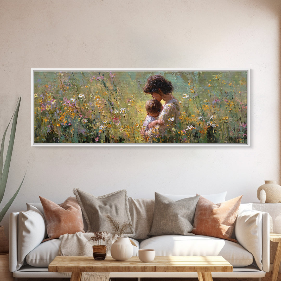 Mother Snuggling Baby In Golden Wildflower Meadow Wall Art, Impressionist Canvas Print, Feminine Nursery Decor Gift For Mom