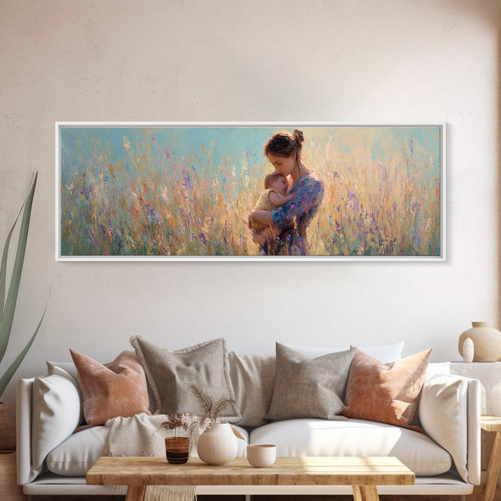 Mother Holding Newborn In Pastel Meadow Wall Art, Impressionist Floral Canvas Print, Baby Nursery Decor Gift For Mom And Her