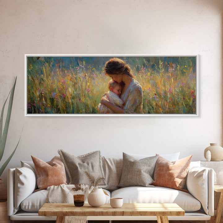 Mother And Sleeping Baby In Glowing Meadow Wall Art, Impressionist Framed Canvas Print, Nursery Decor Gift For Mom And Her