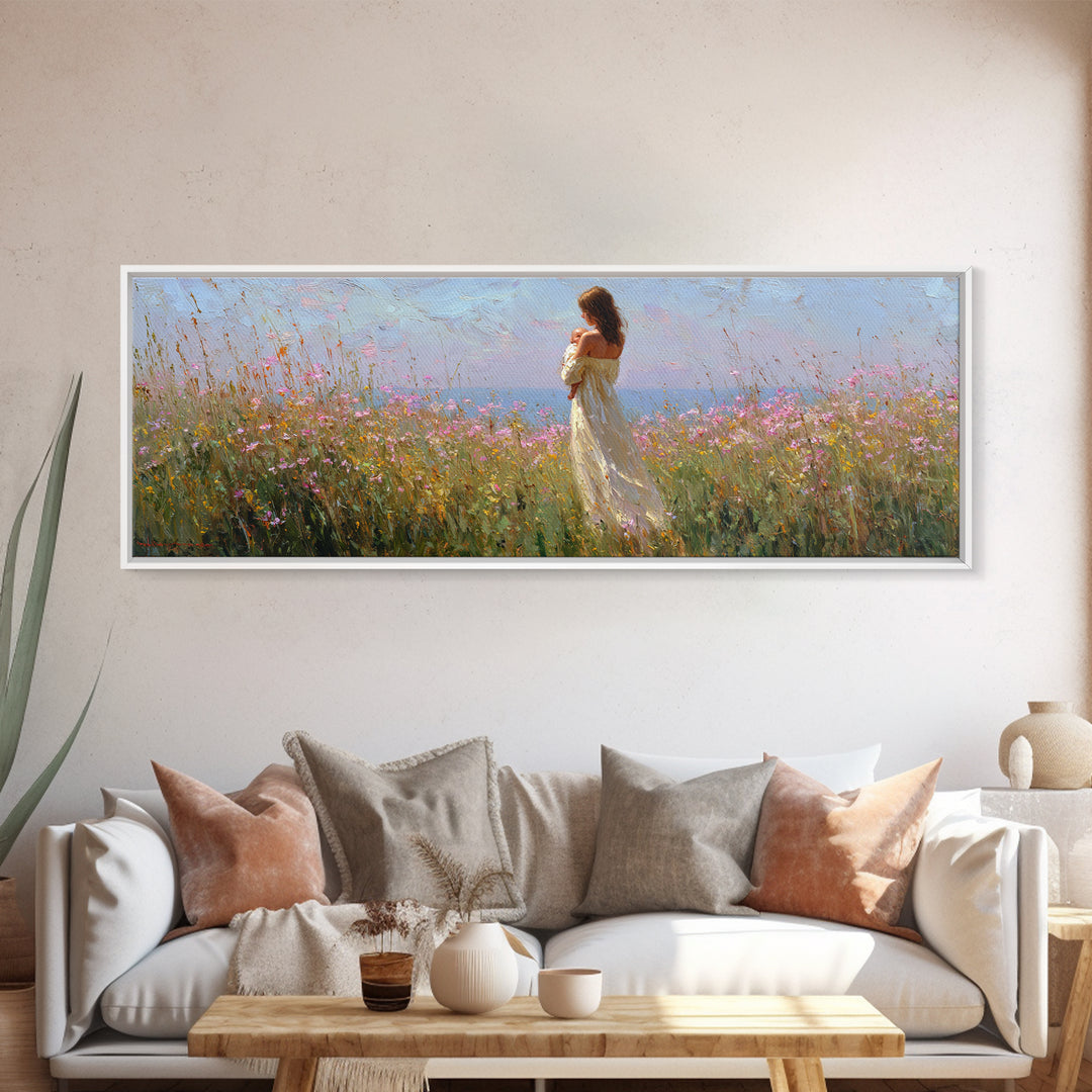 Mother Holding Baby In Open Wildflower Field Wall Art, Impressionist Landscape Canvas Print, Feminine Nursery Decor Gift