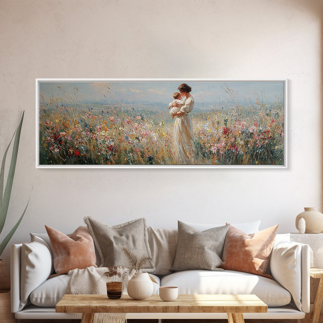 Mother And Baby In Wildflower Meadow Wall Art, Panoramic Canvas Print For Nursery Decor, Feminine Bedroom, Gift For Mom Art