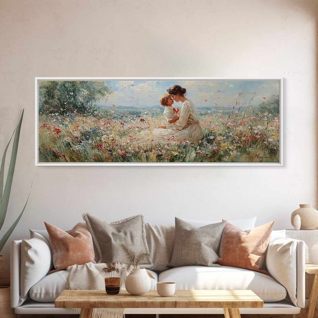 Mother Kissing Child In Butterfly Meadow Wall Art, Panoramic Framed Canvas Print, Floral Nursery Decor, New Mom Gift For Her