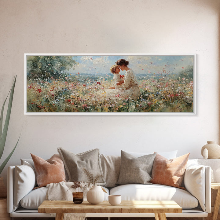 Mother Kissing Child In Butterfly Meadow Wall Art, Panoramic Framed Canvas Print, Floral Nursery Decor, New Mom Gift For Her