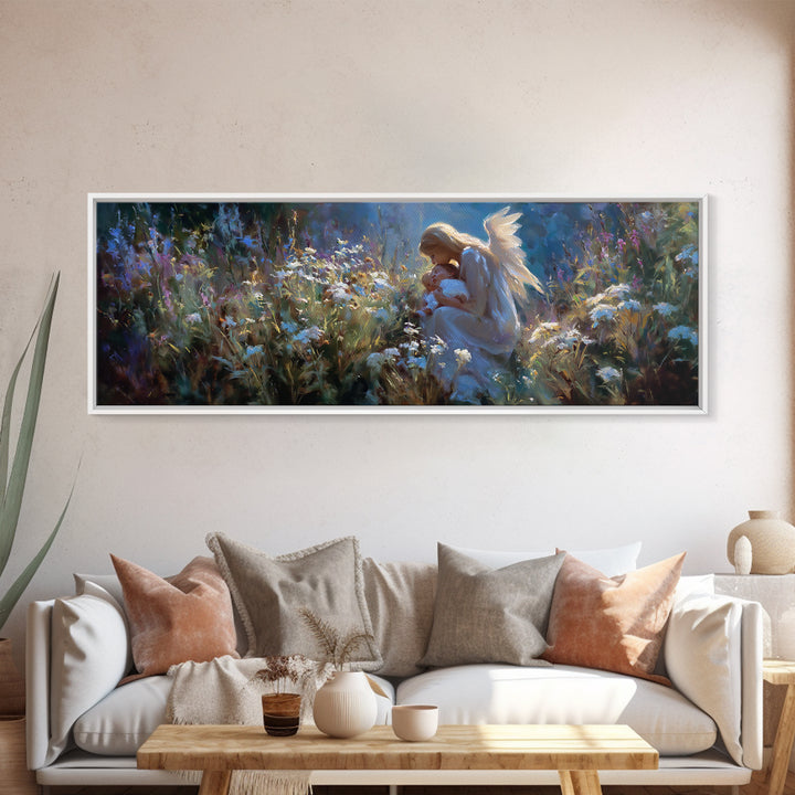 Angel Mother Holding Baby In Moonlit Flowers Wall Art, Spiritual Framed Canvas Print, Celestial Nursery Decor, Baptism Gift