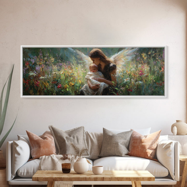 Guardian Angel Cradling Infant In Wildflower Meadow Wall Art, Celestial Canvas Print, Spiritual Nursery Decor, New Baby Gift