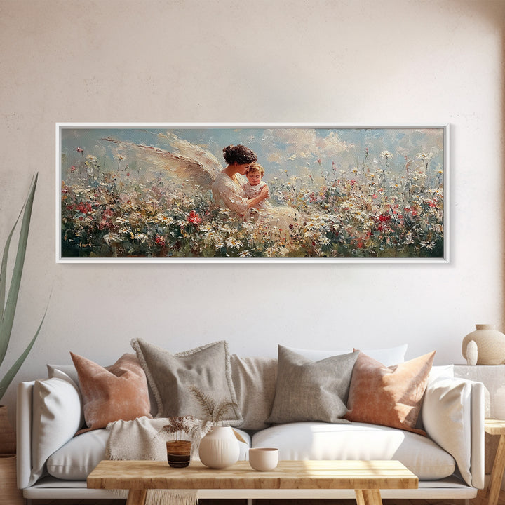 Angel Mother With Toddler In Daisy Meadow Wall Art, Panoramic Framed Canvas Print, Celestial Nursery Decor, Gift For Mom
