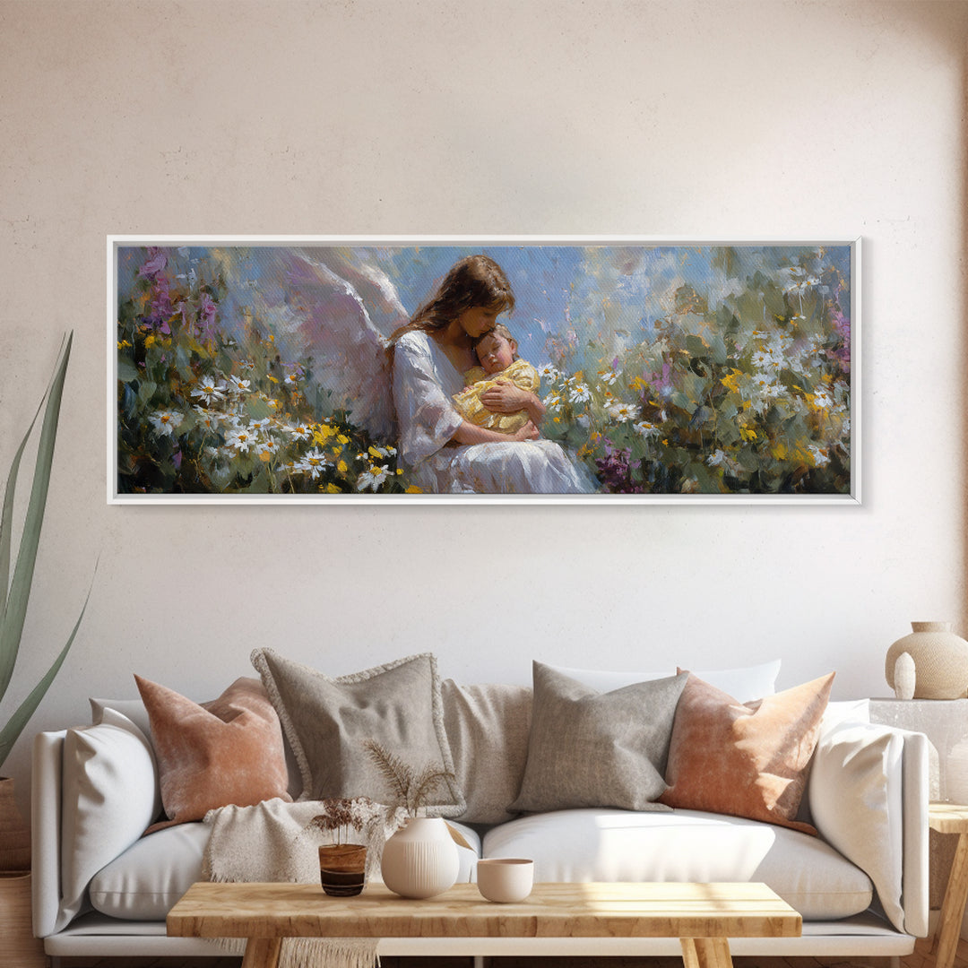 Serene Mother And Baby In Wildflower Meadow Framed Canvas Print, Angel Nursery Art, Christian Wall Art, Gift For Mom, Home Decor