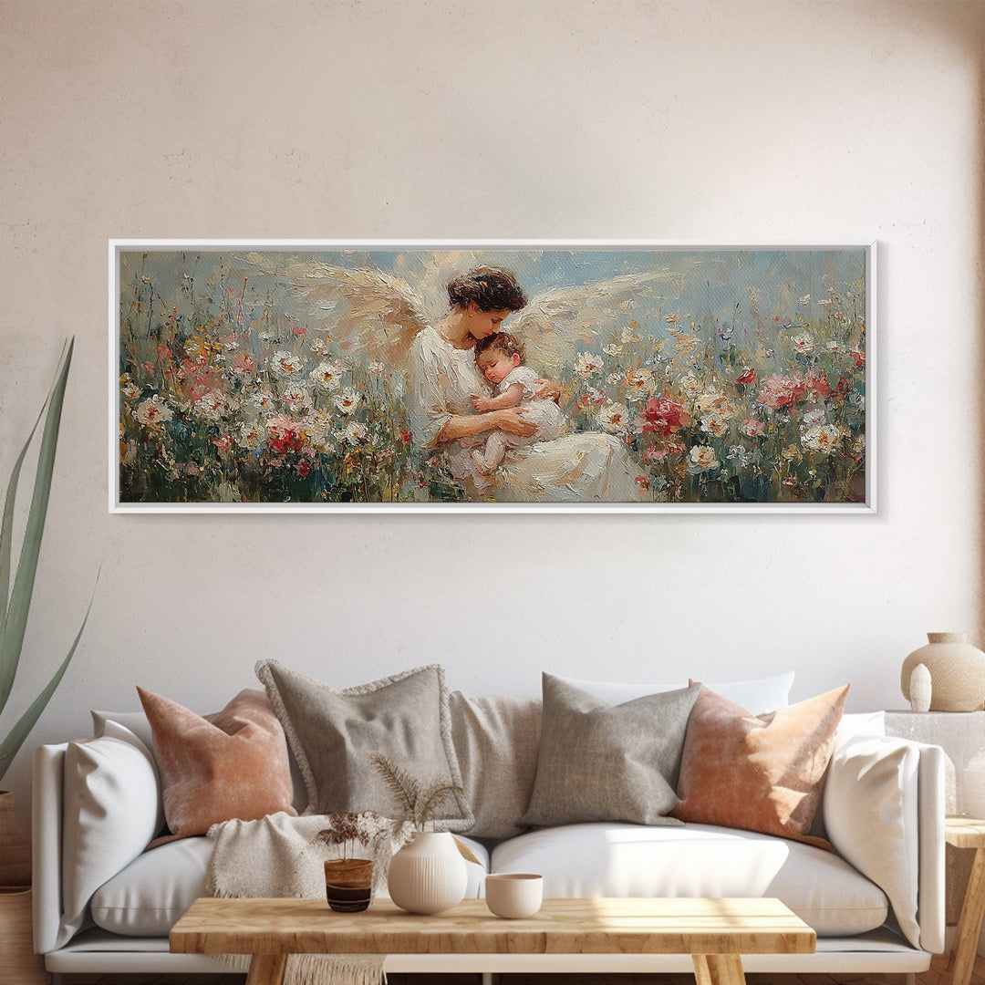 Tender Angel Mother Holding Baby In Flower Meadow Canvas Print, Christian Nursery Art, Mother's Day Gift, Peaceful Wall Art