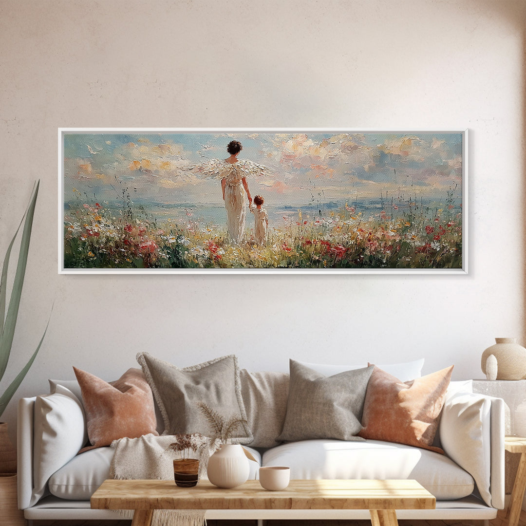 Angel Mother And Child Beside Ocean Meadow Large Wall Art, Coastal Christian Decor, Nursery Canvas Art, Housewarming Gift
