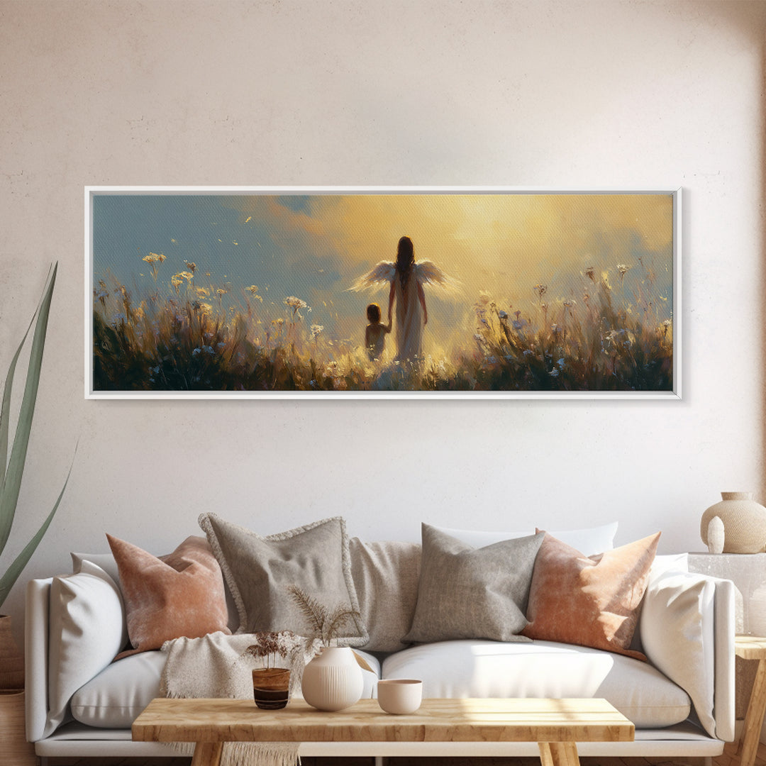 Golden Guardian Angel Walking With Child Through Meadow Canvas Print, Spiritual Wall Art, Nursery Decor, Gift For Mom, Home Decor