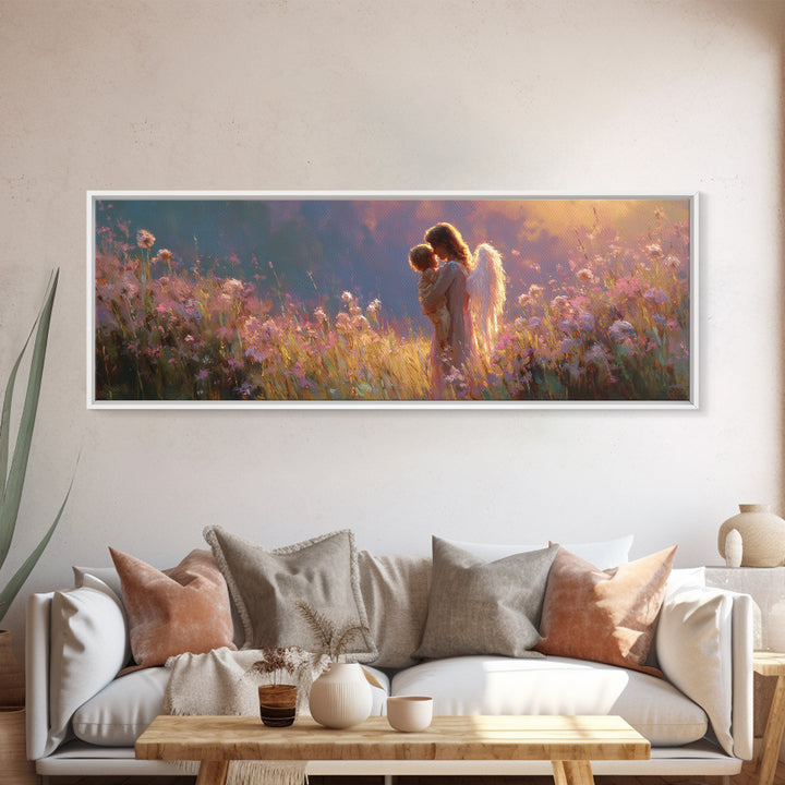 Glowing Angel Mother Cradling Child In Wildflower Meadow Framed Canvas Print, Christian Wall Art, Nursery Decor, Gift For Her
