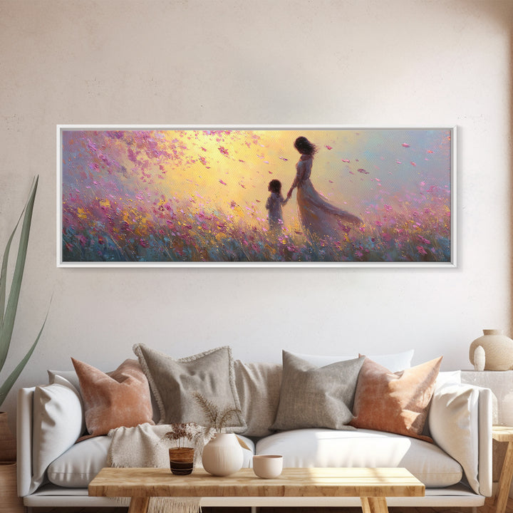 Mother And Child Walking Through Pink Petal Meadow Canvas Print, Feminine Wall Art, Nursery Decor, Gift For Her, Home Decor