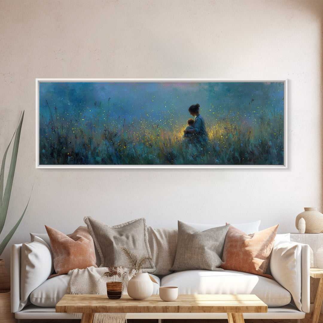 Twilight Mother Holding Baby Among Fireflies Canvas Print, Blue Nursery Wall Art, Calming Cozy Bedroom Decor, Gift For Mom