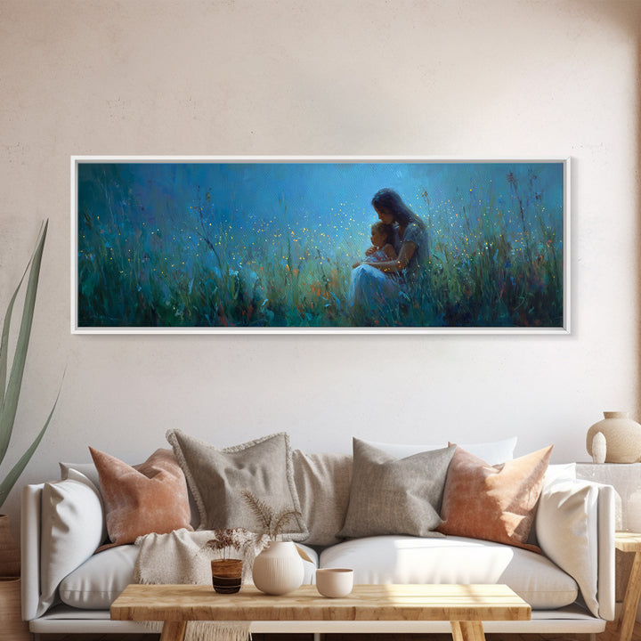 Moonlit Mother And Child Sitting In Blue Meadow Framed Canvas Print, Celestial Wall Art, Nursery Decor, Gift For Mom, Home Decor
