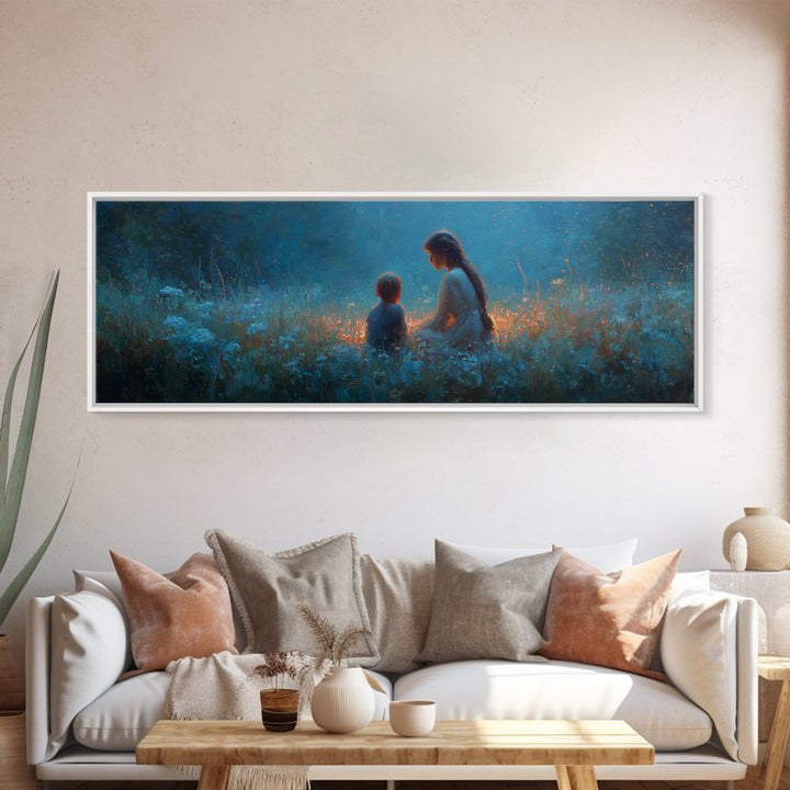 Blue Twilight Mother And Child In Wildflower Meadow Large Wall Art, Serene Nursery Decor, Christian Gift For Mom, Home Decor