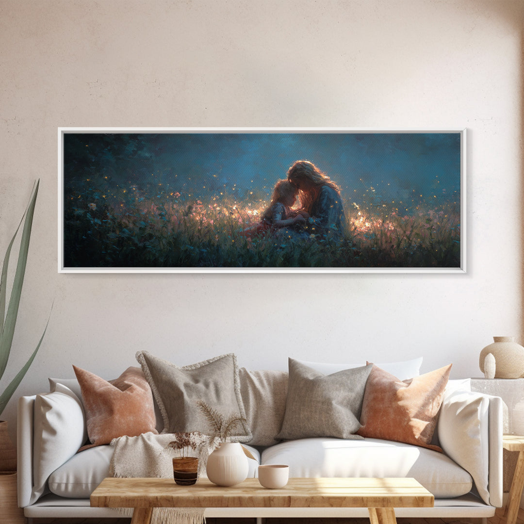 Twilight Mother And Child Wildflower Meadow Wall Art, Panoramic Canvas Print, Nursery Decor, Gift For Her, Above Bed Art