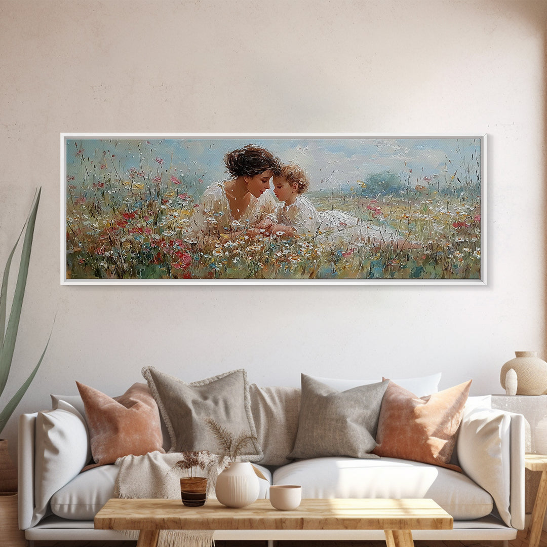 Mother And Baby In Blooming Garden Framed Canvas Print, Floral Wall Art, Nursery Decor, Gift For Mom, Living Room Wall Art