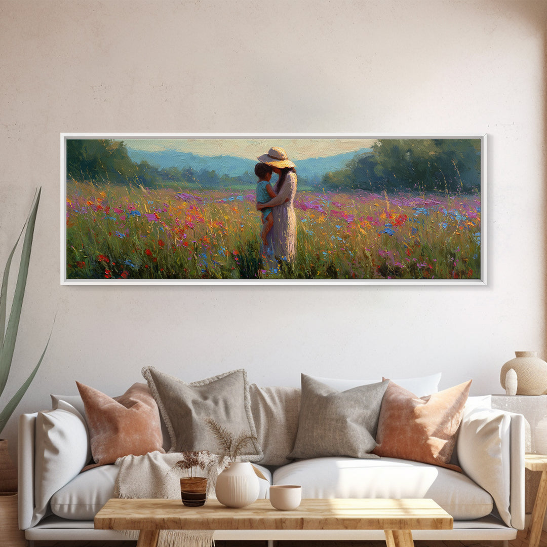 Mother And Child Embracing In Summer Meadow Wall Art, Colorful Canvas Print, Boho Wall Decor, Housewarming Gift, Bedroom Art